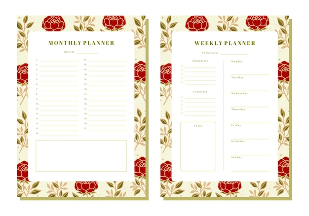 Premium Vector | Set of floral monthly and weekly planner with rose and ...