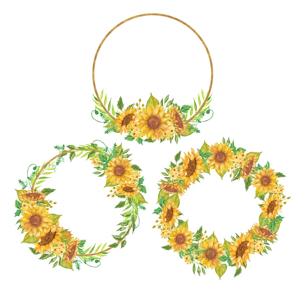 Download Set of floral wreath watercolor sunflower yellow | Premium ...