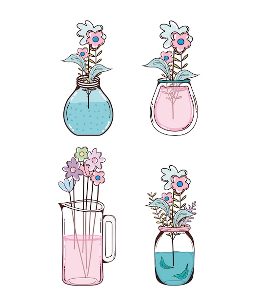 Download Set of flowers in mason jars cartoons | Premium Vector