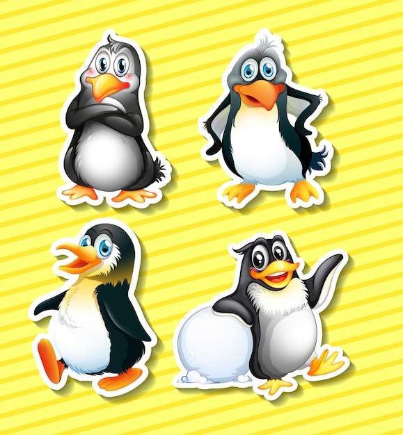 Set of four panguin stickers on yellow background | Free Vector