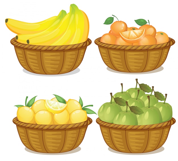 A set of fruit in basket | Premium Vector