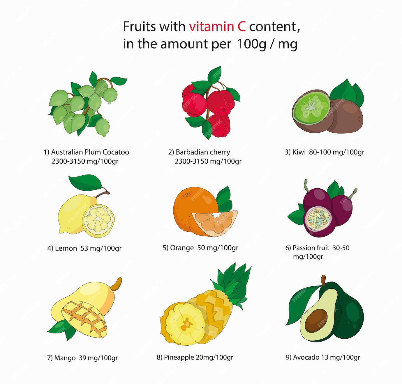 Premium Vector A Set Of Fruits Containing The Highest Amount Of Vitamin C Infographic