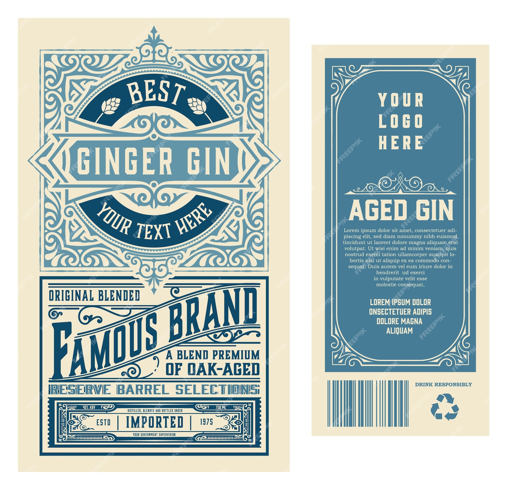 Premium Vector | Set of full vintage gin labels isolated on white