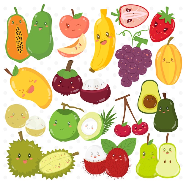 Download Set of funny fruits cartoon characters vector collection ...