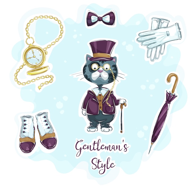 Set of funny hand drawing stickers for retro gentleman style. Premium Vector
