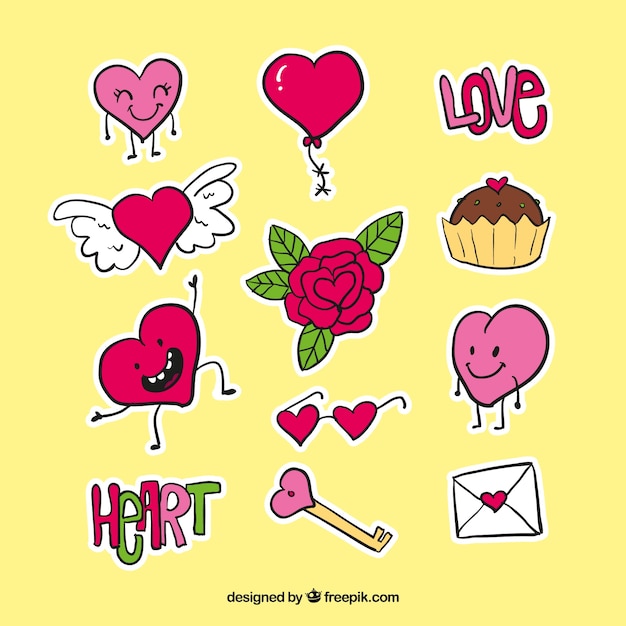 Free Vector | Set of funny hand drawn valentine stickers