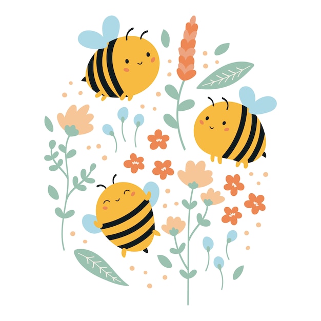 Premium Vector | Set of funny kawaii bees with flowers and leaves ...