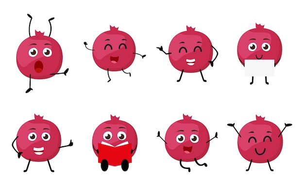 Set of funny pomegranate fruit cartoon character Premium Vector