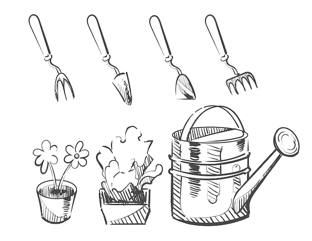 Premium Vector A Set Of Garden Tools Elements Sketch Hand Drawn