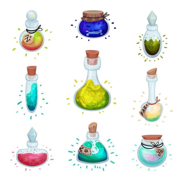 Premium Vector | Set of glass bottles of different shapes with elixirs