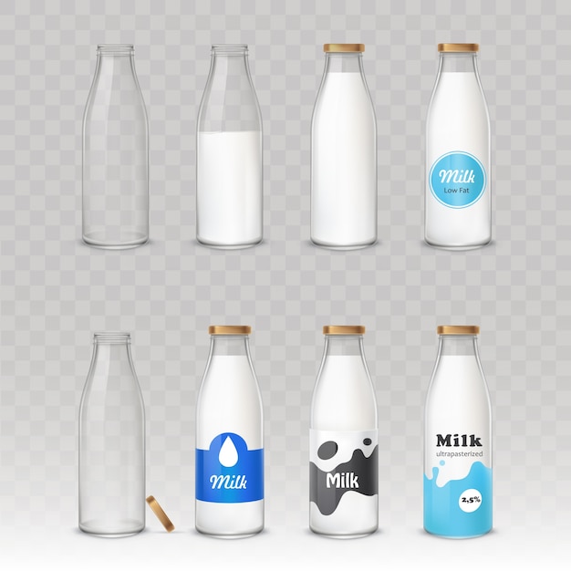 Download Free Vector | Set of glass bottles with milk with different labels.