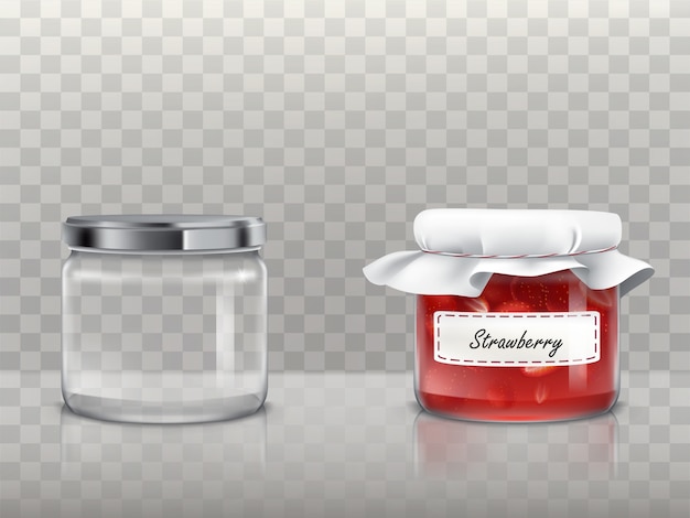 A set of glass round jars is empty and with strawberry jam Free Vector