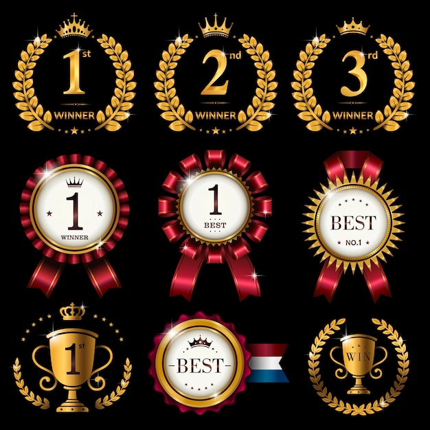 Premium Vector | Set of glossy round labels or prize with ribbon