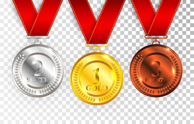 Premium Vector | Set of gold, silver and bronze award medals with red ...