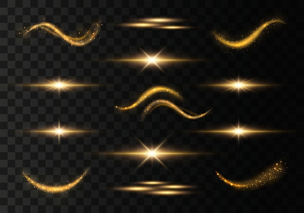 Set of golden sparkling light trails. Premium Vector