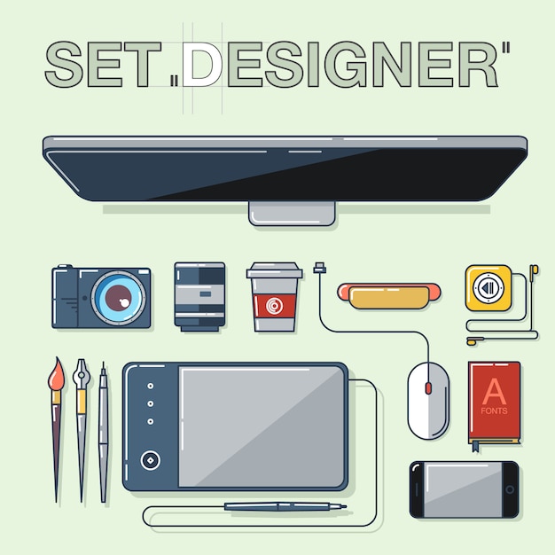 Premium Vector Set Of Graphic Designer Items Tools And Equipment