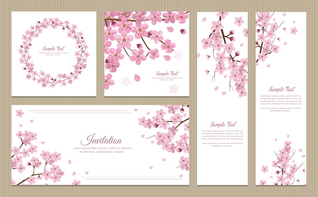 Set of greeting cards, banners and invitation card with blossom sakura flowers Premium Vector