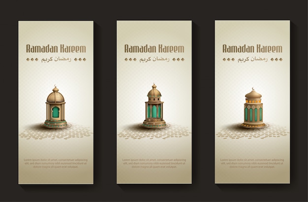 Set of greetings ramadan kareem card design template with beautiful golden lanterns Premium Vector