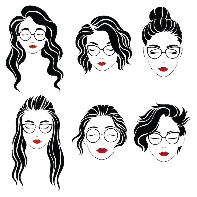 Download Set of hairstyles for women with glasses. collection of silhouettes of hairstyles for girl ...