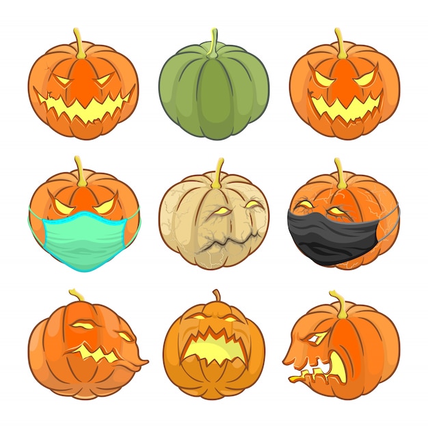 Premium Vector Set Of Halloween Icon Pumpkin With Face Mask