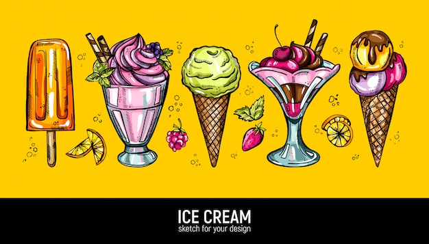 Premium Vector Set Of Hand Drawing Realistic Ice Cream Sweet Deserts Collection