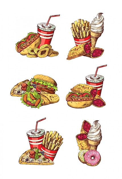 Premium Vector | Set of hand drawn colored fast food elements. of fast