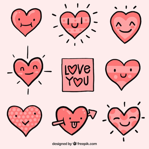 Free Vector | Set of hand drawn hearts with faces