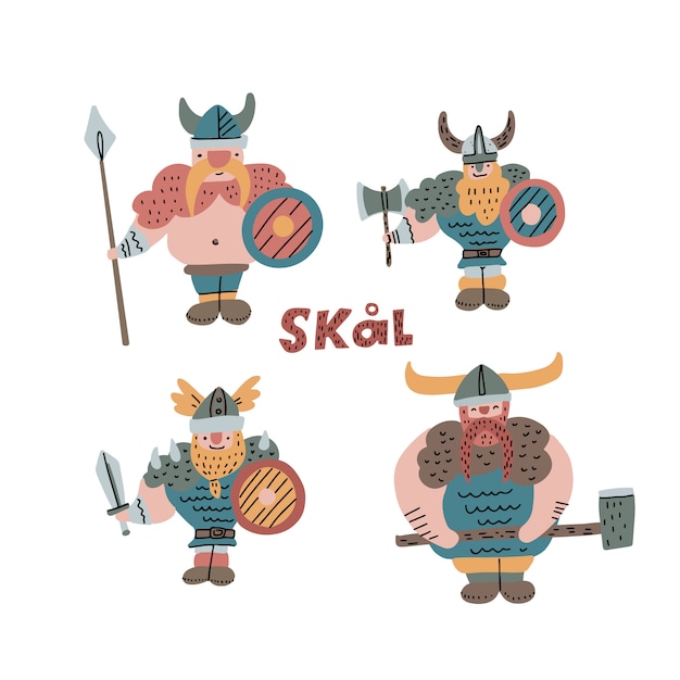 Set of hand drawn illustration of vikings with helmet, spear, axe and sword Premium Vector