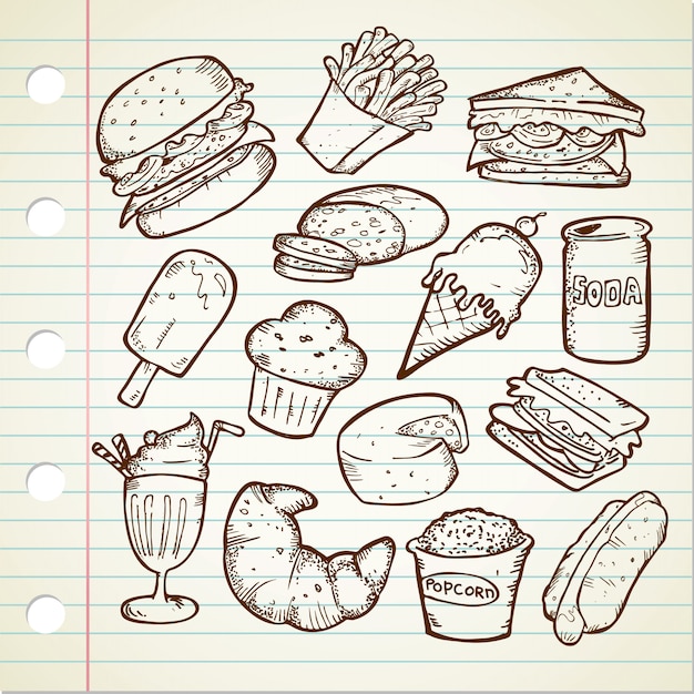 Premium Vector Set of hand drawn junk food doodles