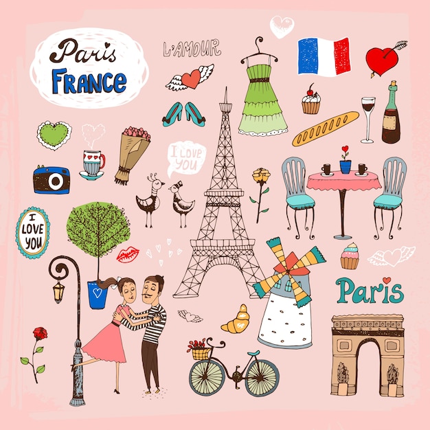 Free Vector | Set of hand-drawn paris france landmarks and icons