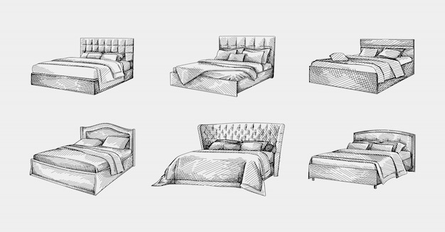 Premium Vector | Set of hand-drawn sketches of beds. double bed with