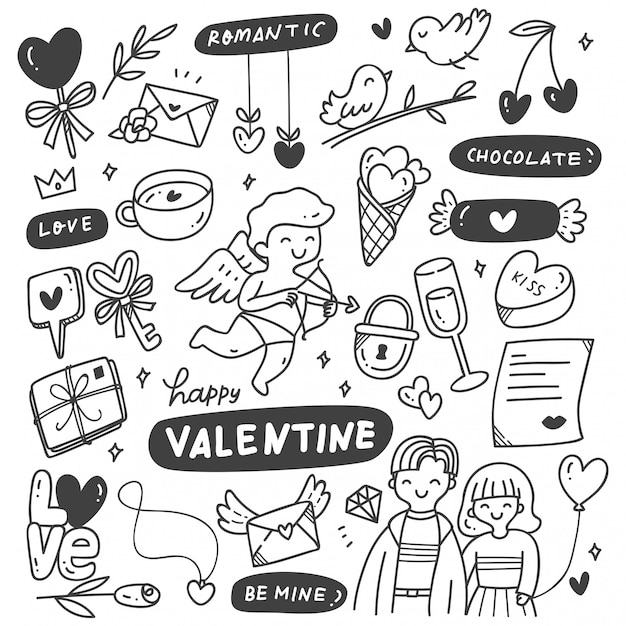 Set Of Hand Drawn Valentines In Doodle Style Premium Vector