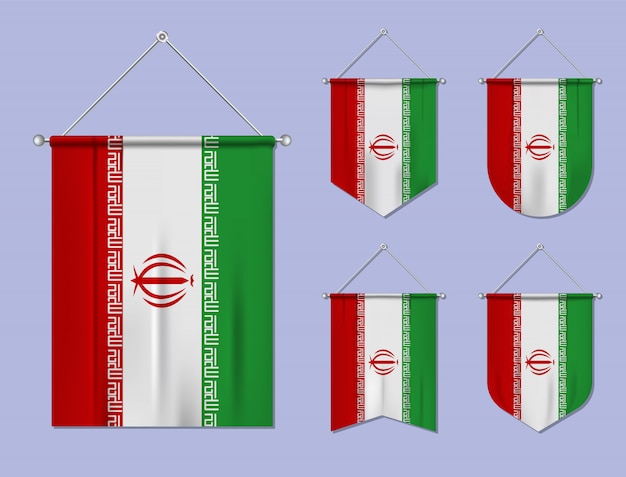  Set of hanging flags iran with textile texture. diversity shapes of the national flag country. vert