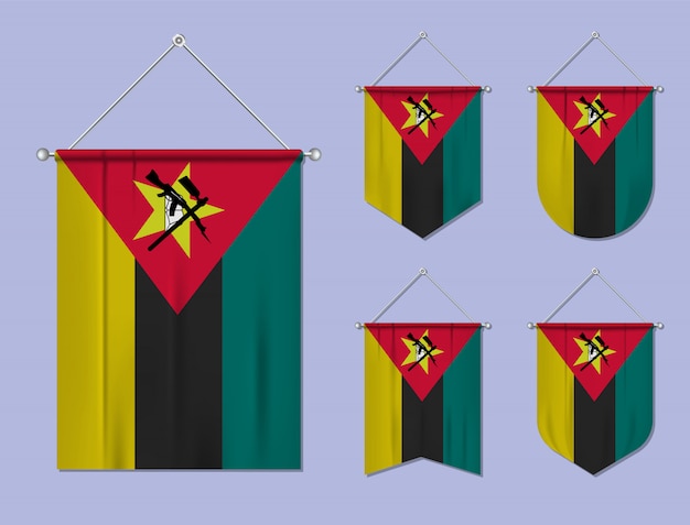 Premium Vector Set Of Hanging Flags Mozambique With Textile Texture Diversity Shapes Of The National Flag Country Vertical Template Pennant