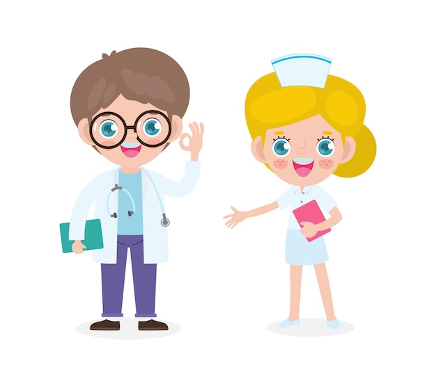 Premium Vector | Set of happy cute caucasian doctor and nurse