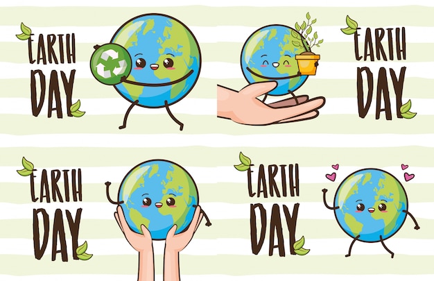 Free Vector Set Of Happy Earth Kawaii Earth Day Illustration
