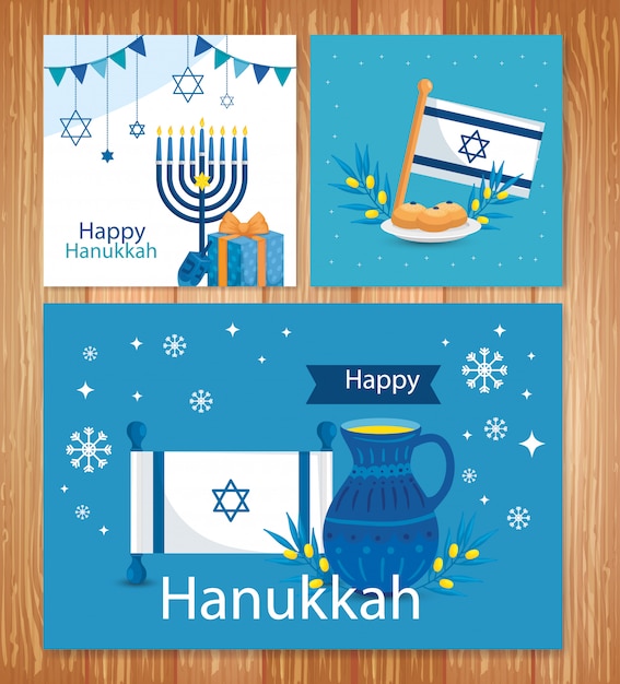 Set of happy hanukkah greeting card | Premium Vector