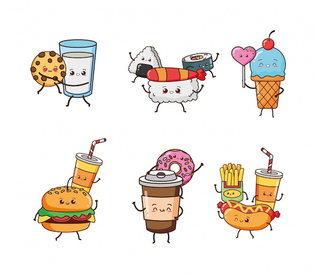 Free Vector Set Of Happy Kawaii Food Illustration