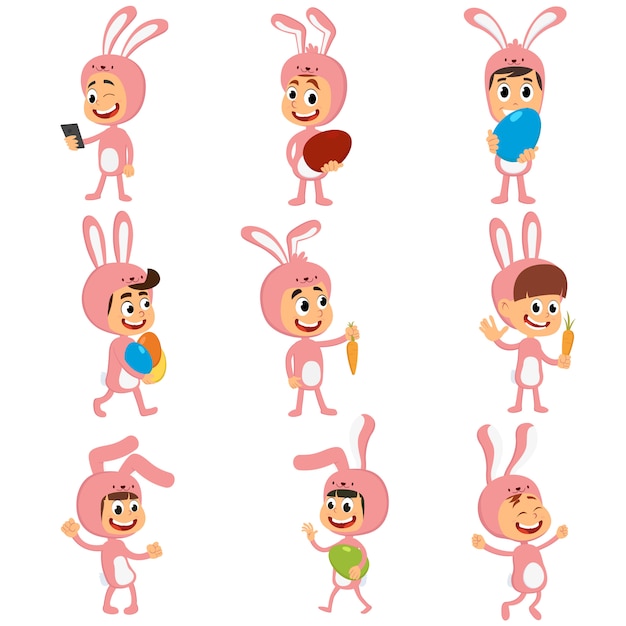 Download Set of happy kids in bunny costume with ears hunting ...
