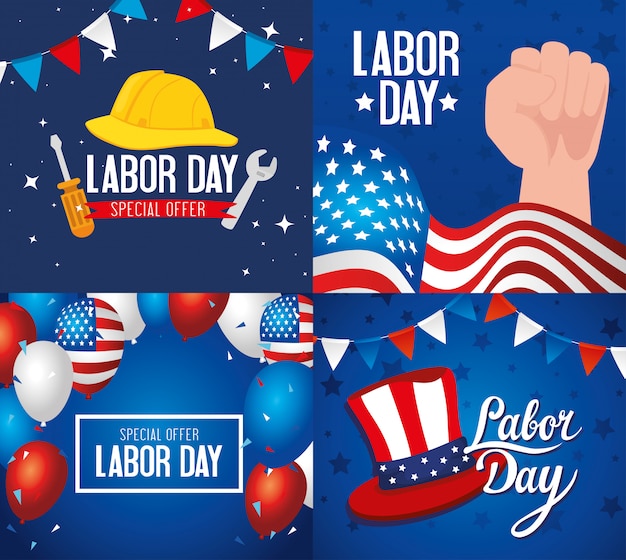 Set of happy labor day holiday banners with decoration illustration