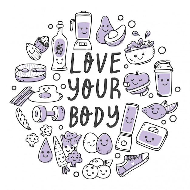 Premium Vector | Set of healthy foods in kawaii doodle style illustration