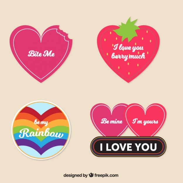 Download Set of hearts stickers with love messages | Free Vector