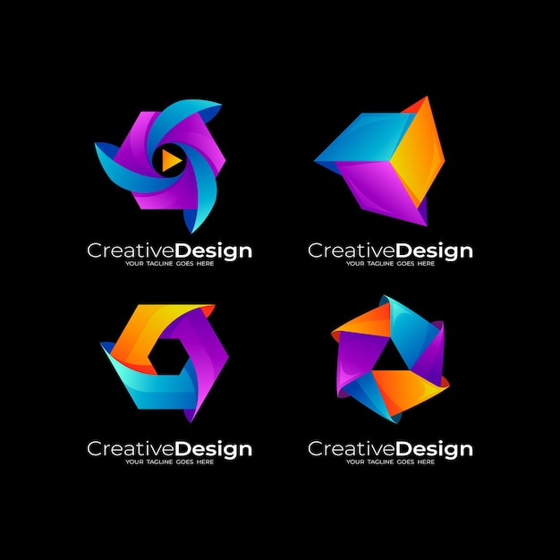 3dカラフルなアイコン 抽象的なデザインイラストで六角形のロゴを設定します プレミアムベクター