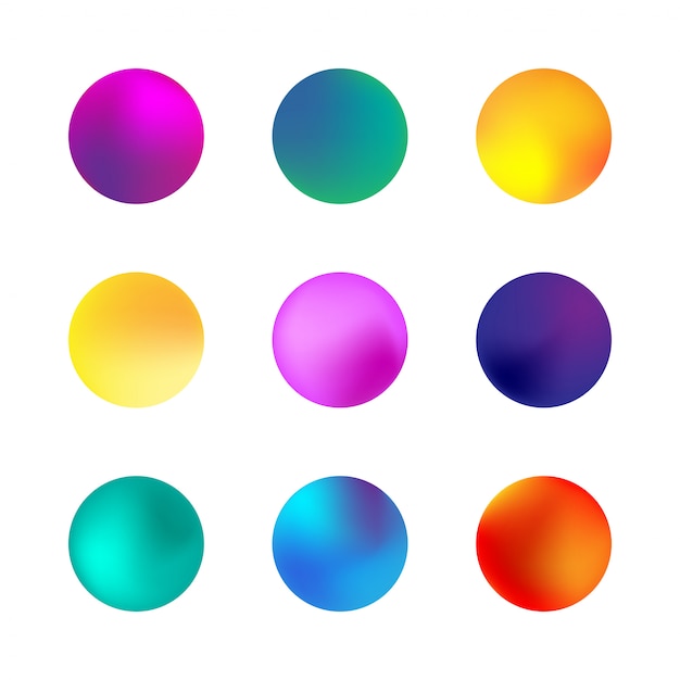 Set of holographic gradient sphere. different neon circle gradients. colorful round buttons isolated