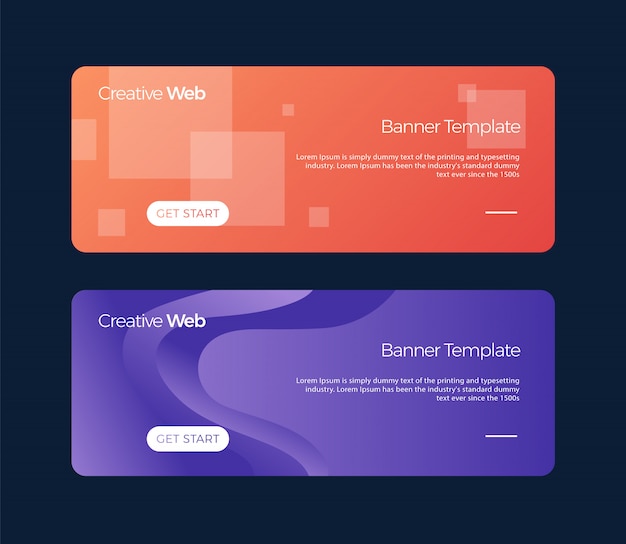 Set of horizontal banners universal template for a web site with text, buttons and transparent elements. Premium Vector