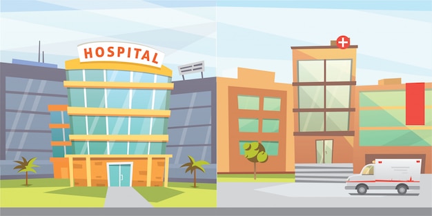 Premium Vector | Set hospital building cartoon modern illustration ...