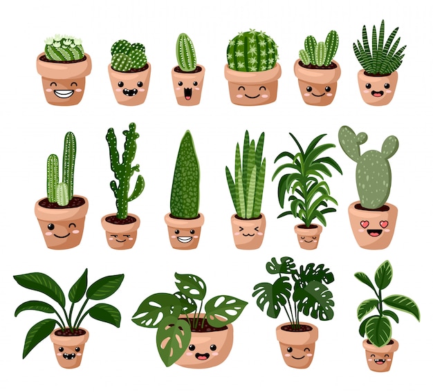 Set of hygge potted kawaii emoticon emoji succulent plants