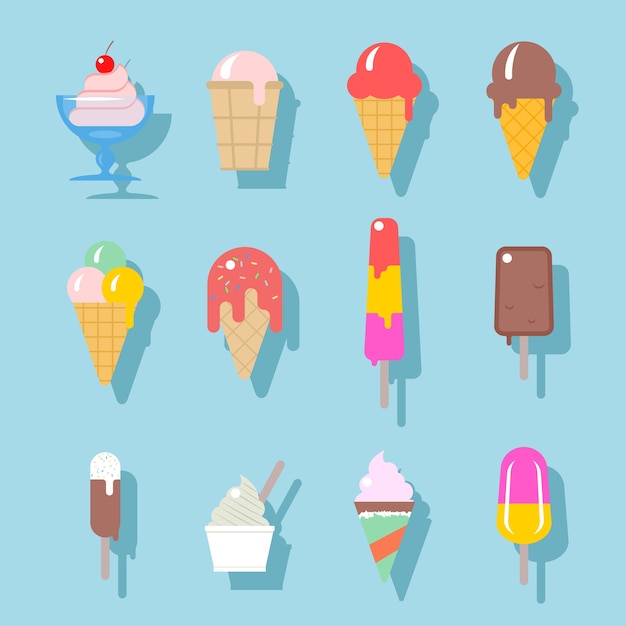 Set of ice cream icons in flat style. ice cream on a stick, in waffle cup. Free Vector