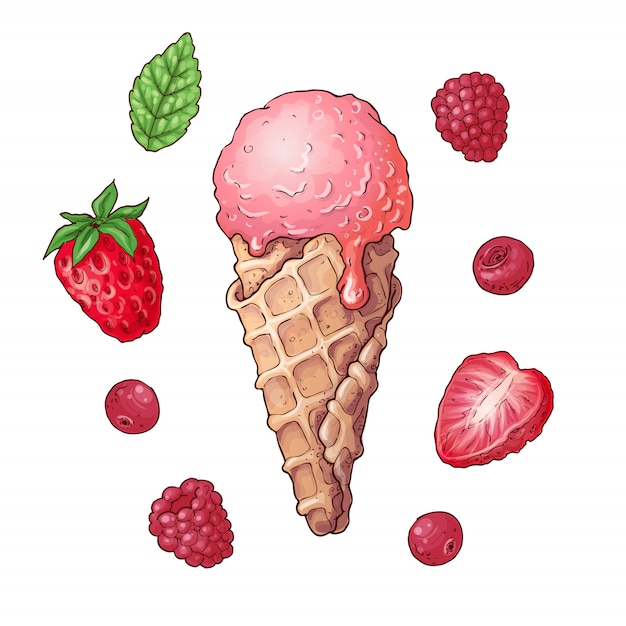 Set ice cream strawberry raspberry cherry Premium Vector
