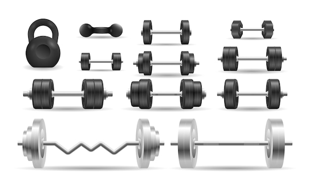 バーベルとダンベルのイラストのアイコンを設定します プレミアムベクター